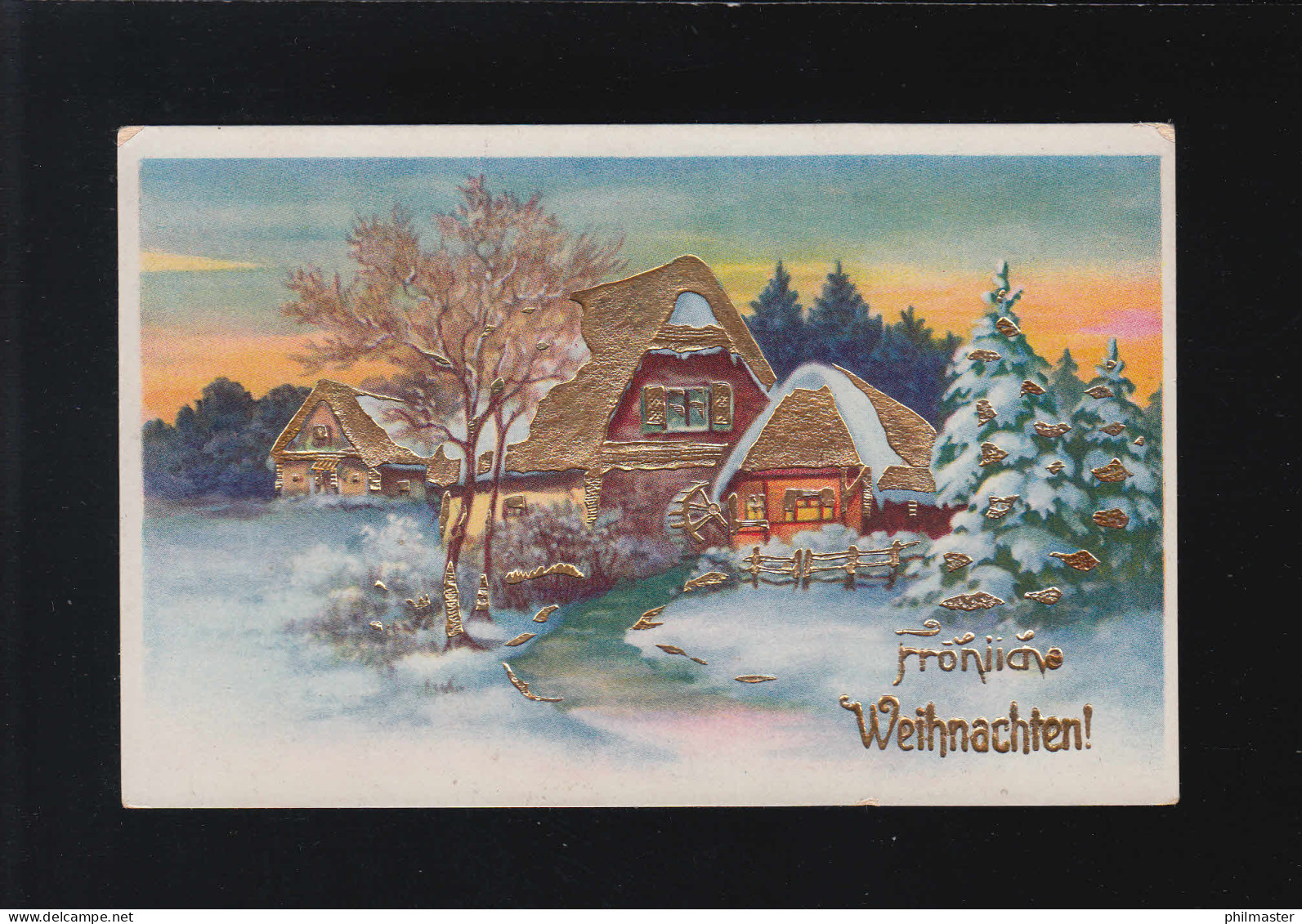 Fröhliche Weihnachten Dorf Schnee, Goldverziert Abendrot überm Wald, Ungebraucht - Halt Gegen Das Licht/Durchscheink.
