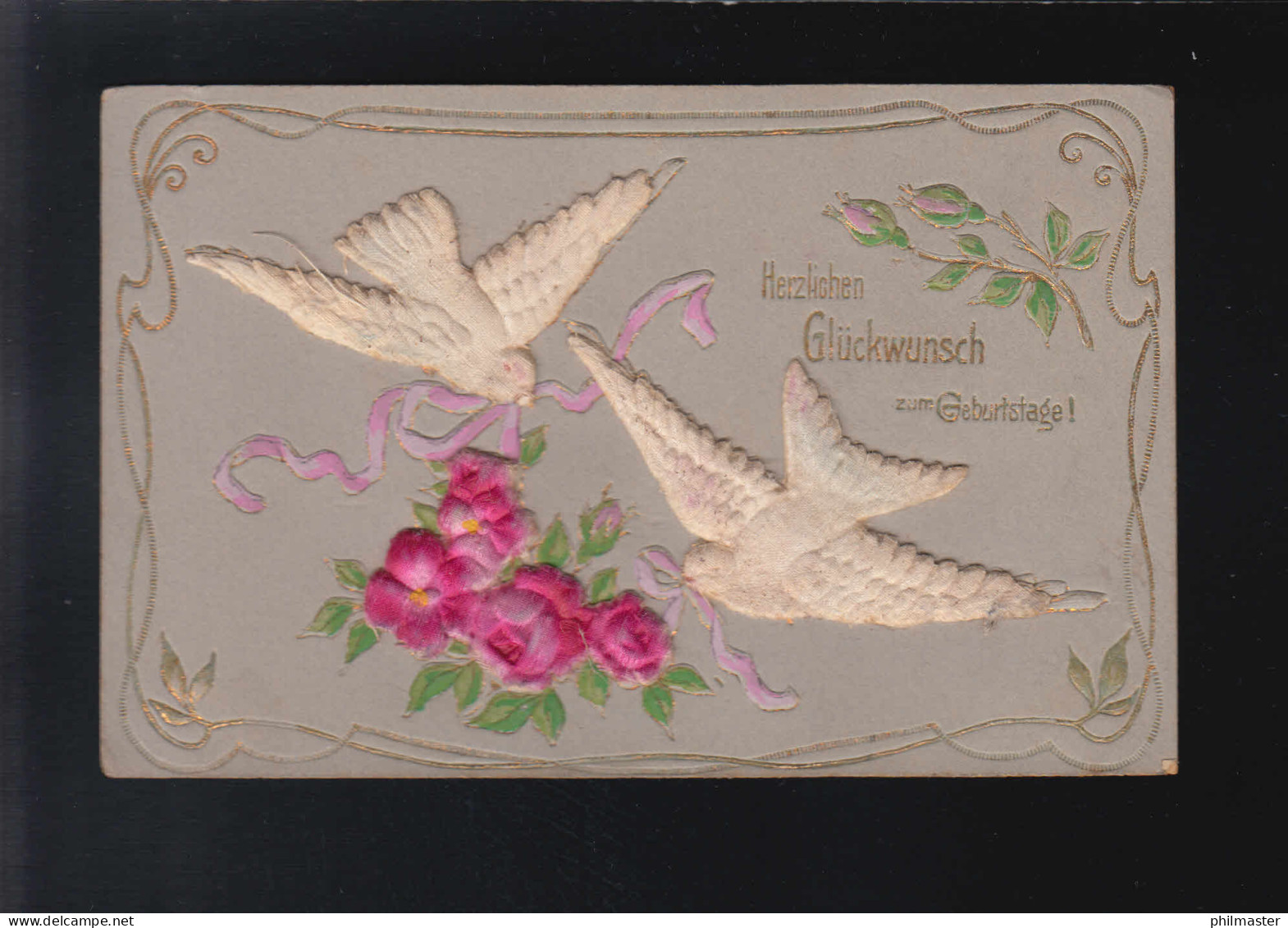 2 Weiße Tauben Rosa Blumen Band Glückwunsch Geburtstag, Gelaufen 10.12.1907 - Other & Unclassified