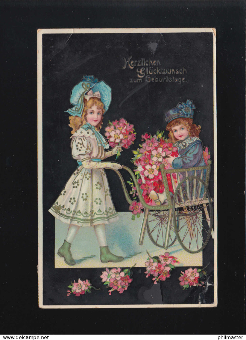 Kinderwagen Mädchen Blumensträuße Glückwunsch Geburtstag, Ludwigsburg 12.12.1912 - Hold To Light