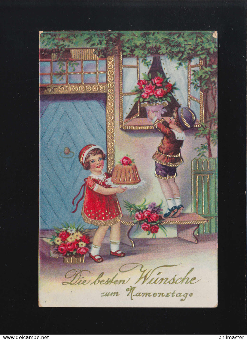 Besten Wünsche Namenstag, Kinder Bringen Kuchen Blumen, Strasskirchen 12.9.1939 - Hold To Light