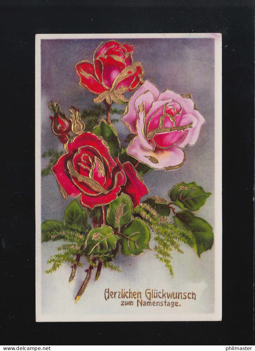 Namenstag Herzlichen Glückwunsch, Rosa Und Rote Rosen Strauß, Gelaufen 18.3.1941 - Hold To Light