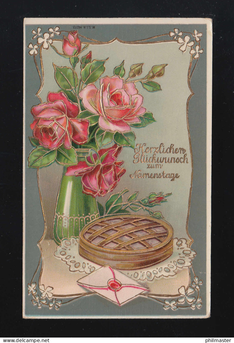 Glückwunsch Namenstag Rosen Kuchen Art Deco Ornamente, München 20.2.1911 - Hold To Light