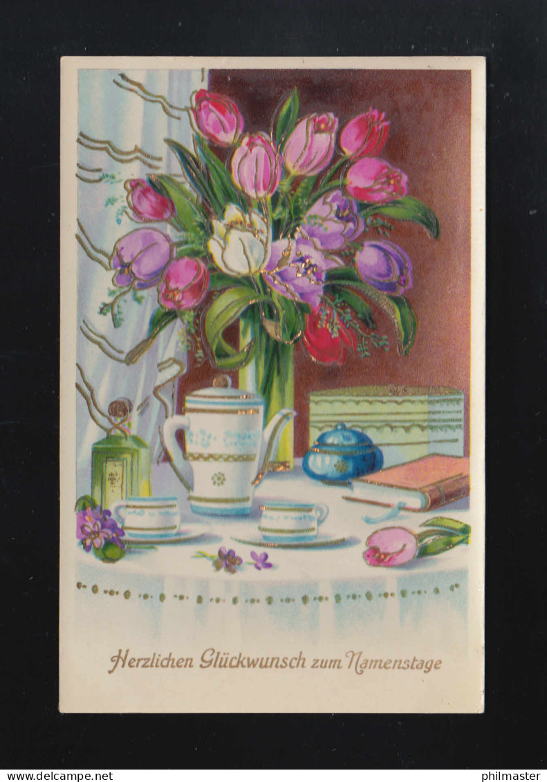 Strauß Tulpen Gedeckte Kaffeetafel Glückwunsch Namenstag, Waldmünchen 26.7.1937 - Tegenlichtkaarten, Hold To Light