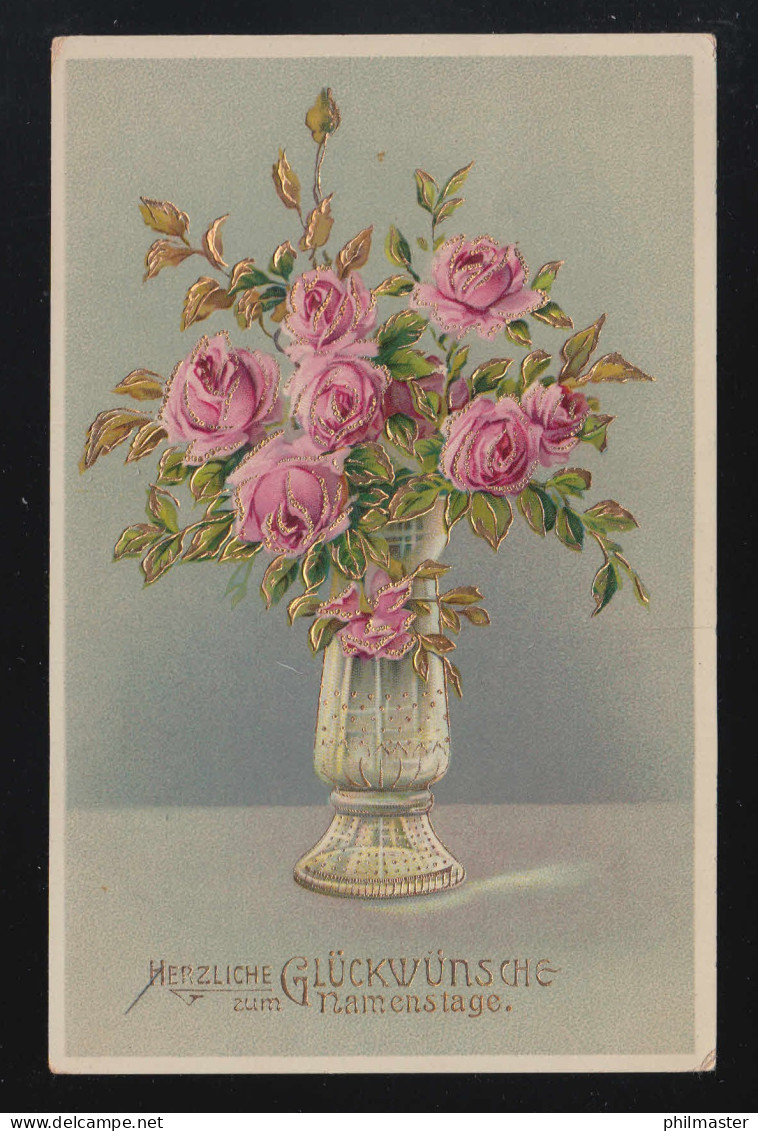 Rosa Rosen In Golverzierter Vase, Glückwünsche Zum Geburtstag Judenau12.10.1910 - Controluce