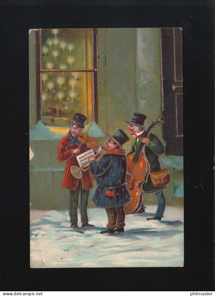 Männer Trio Musiziert Vor Fenster Mit Weihnachtsbaum Im Schnee, Neersen 1.1.1915 - Contre La Lumière