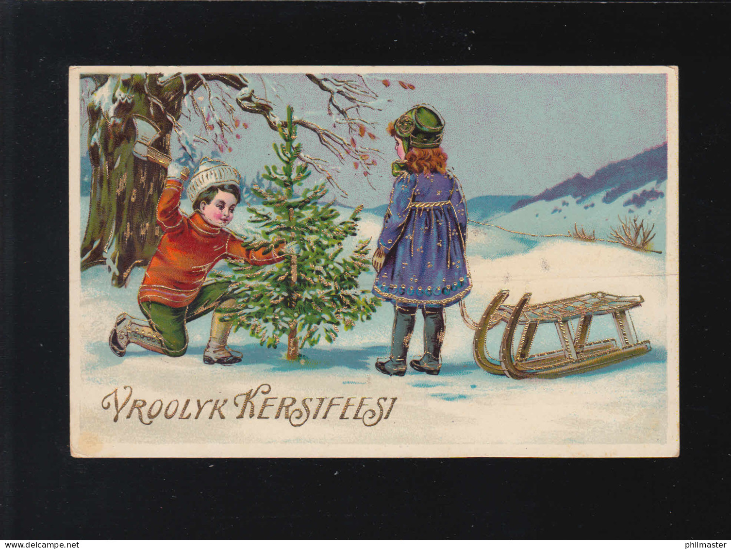 Vroolyk Kerstfeest, Junge Weihnachtsbaum Mädchen Schlitten, Arnhem 22.12.1927 - Contraluz