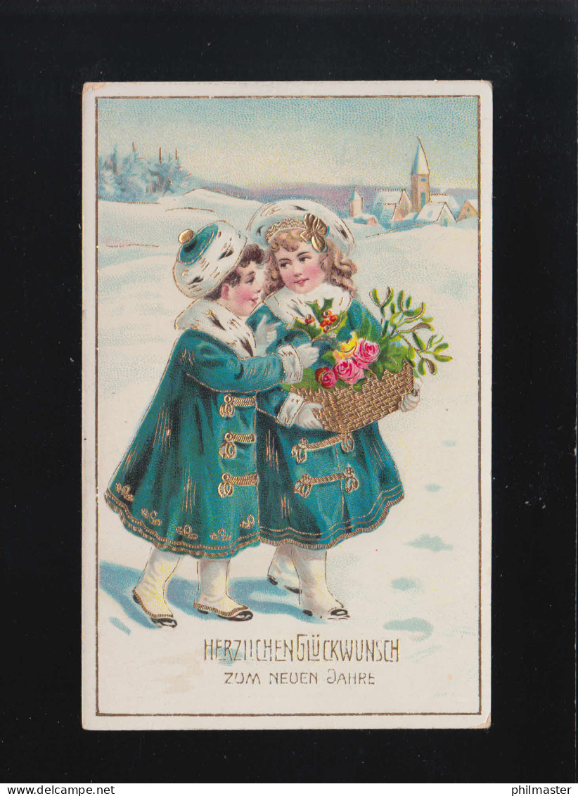 Glückwunsch Zum Neuen Jahr, Mädchen Im Schnee Bringen Blumen Paunsdorf 1.1.1912 - Contre La Lumière