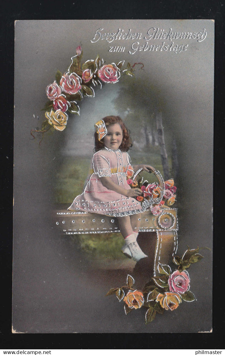 Mädchen Rosa Kleid Auf Bank Mit Blumen, Feldpost Zum Geburtstag Cassel 10.2.1916 - Hold To Light
