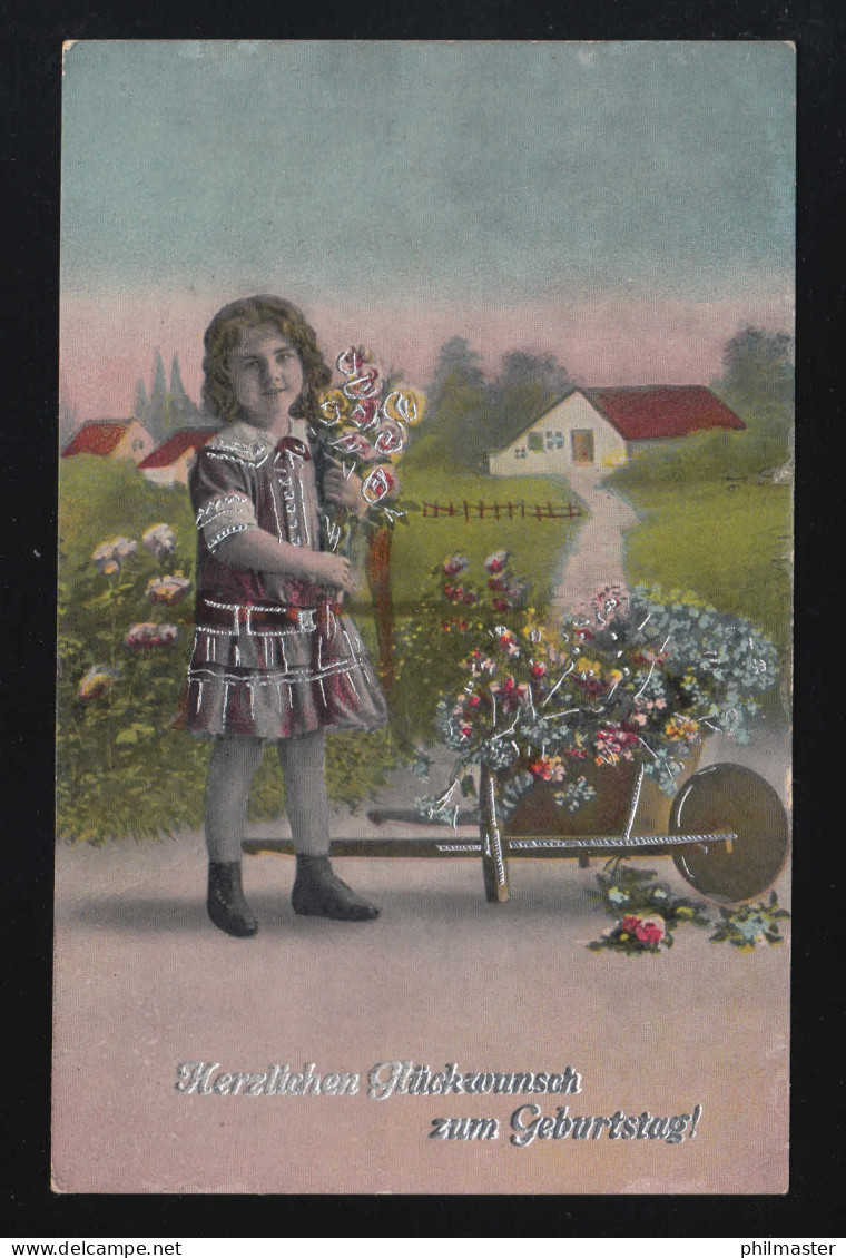 Mädchen Schubkarre Blumen Dorfansicht Glückwunsch Geburtstag Ostrau Nov. 1917 - Hold To Light