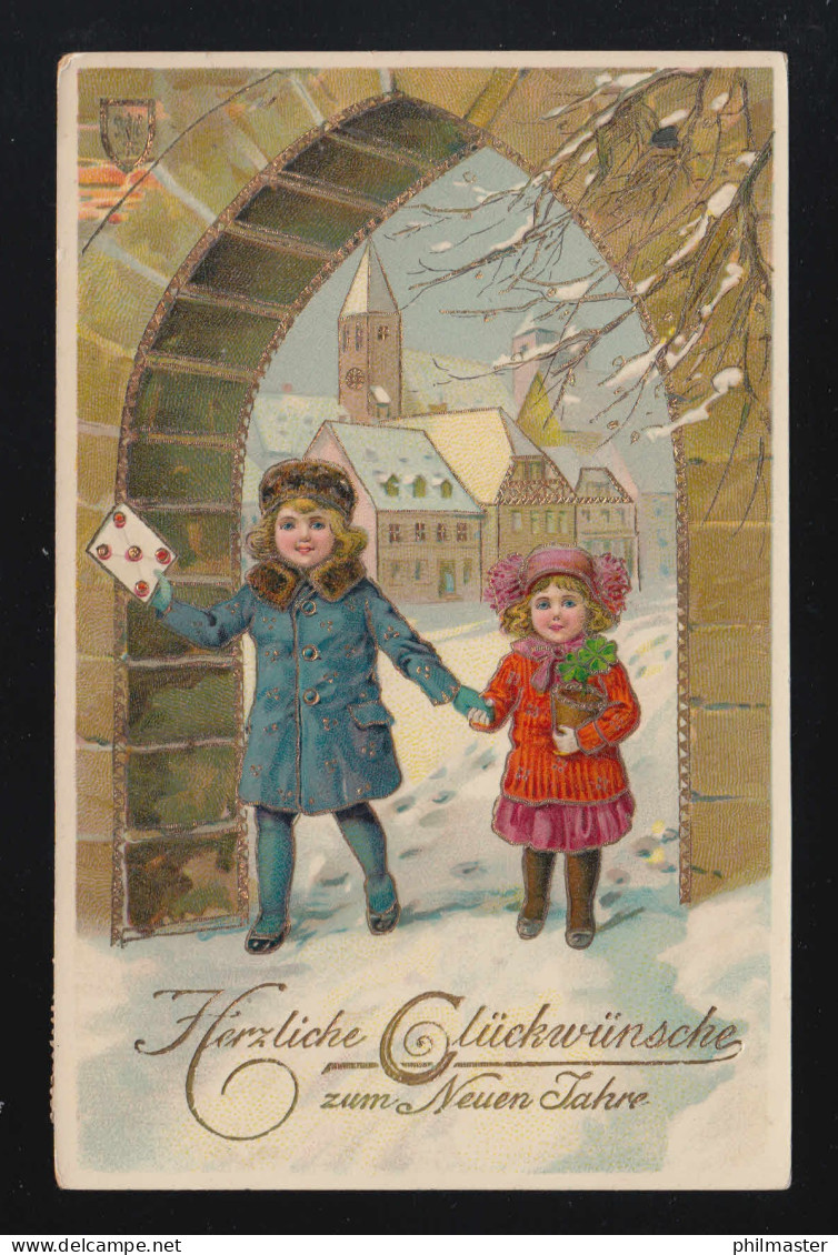 Kinder Bringen Neujahrsgrüße Glücksklee Schnee Stadtansicht, Leer 31.12.1913 - Halt Gegen Das Licht/Durchscheink.