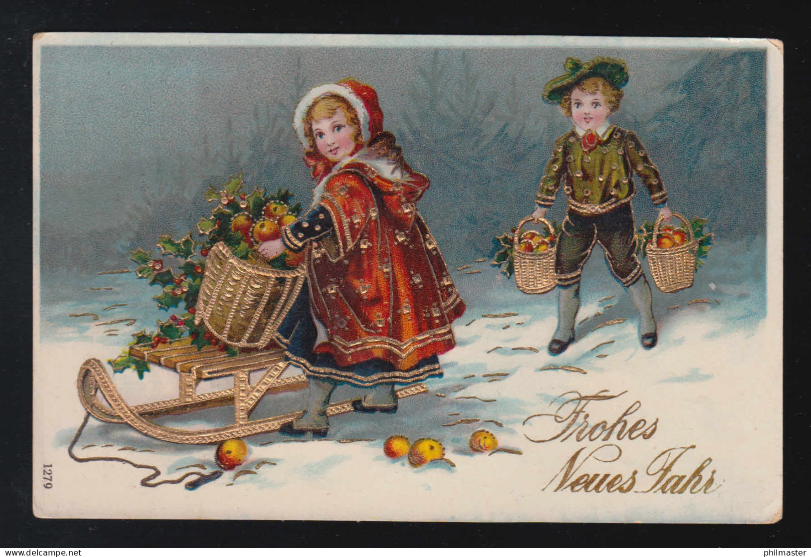 Kinder Schlitten Körbe Mit Äpfeln Und Misteln, Frohes Neues Jahr Berlin 2.1.1927 - Tegenlichtkaarten, Hold To Light