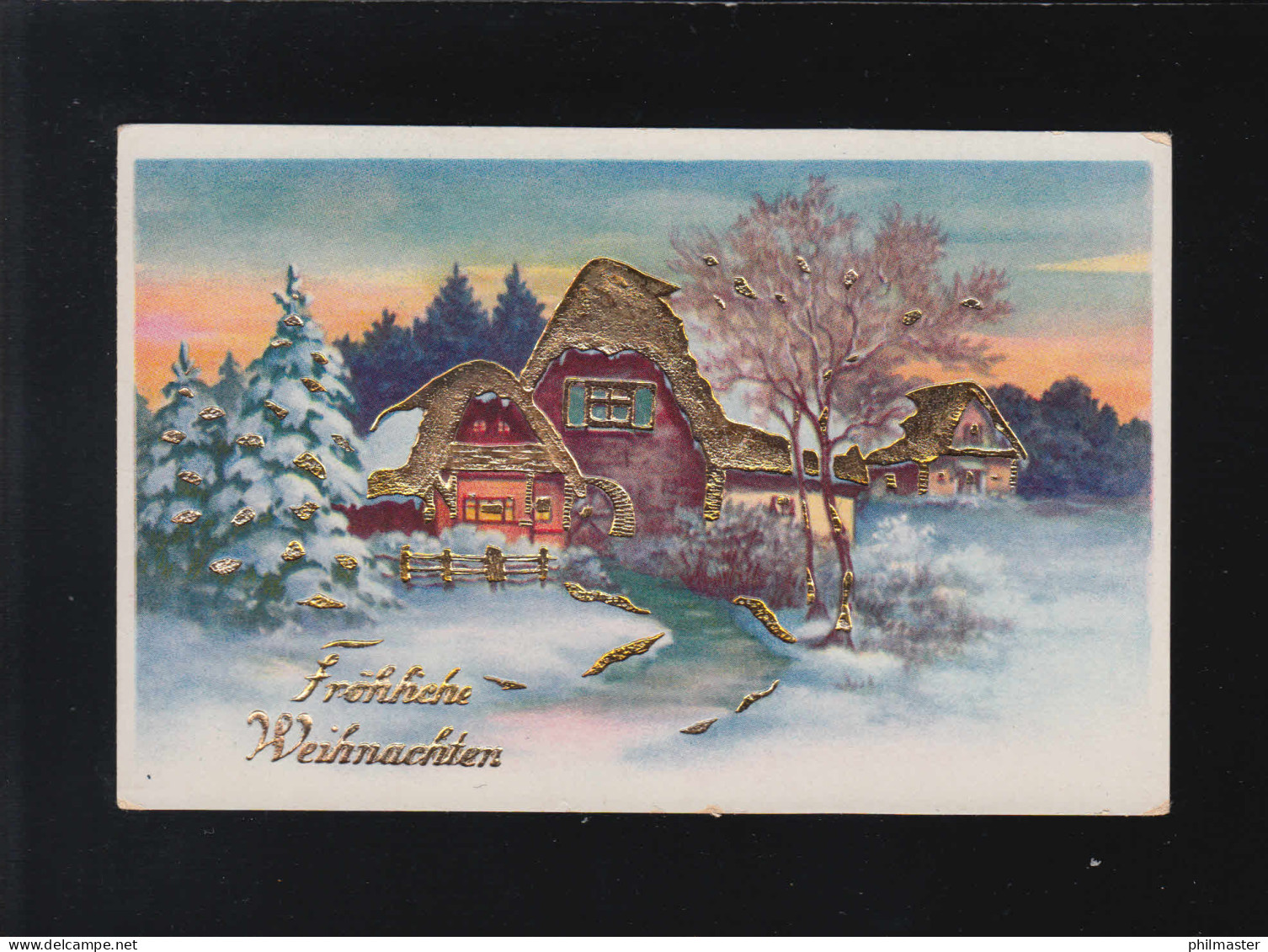 Fröhliche Weihnachten Winterlandschaft Häuser Schnee Goldverziert, Ungebraucht - Contraluz
