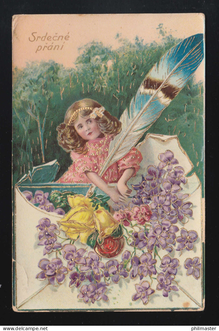 Mädchen Mit Brieffeder Und Umschlag Blüten Grüße Srdecne Prani, Vrutice Um 1908 - Hold To Light