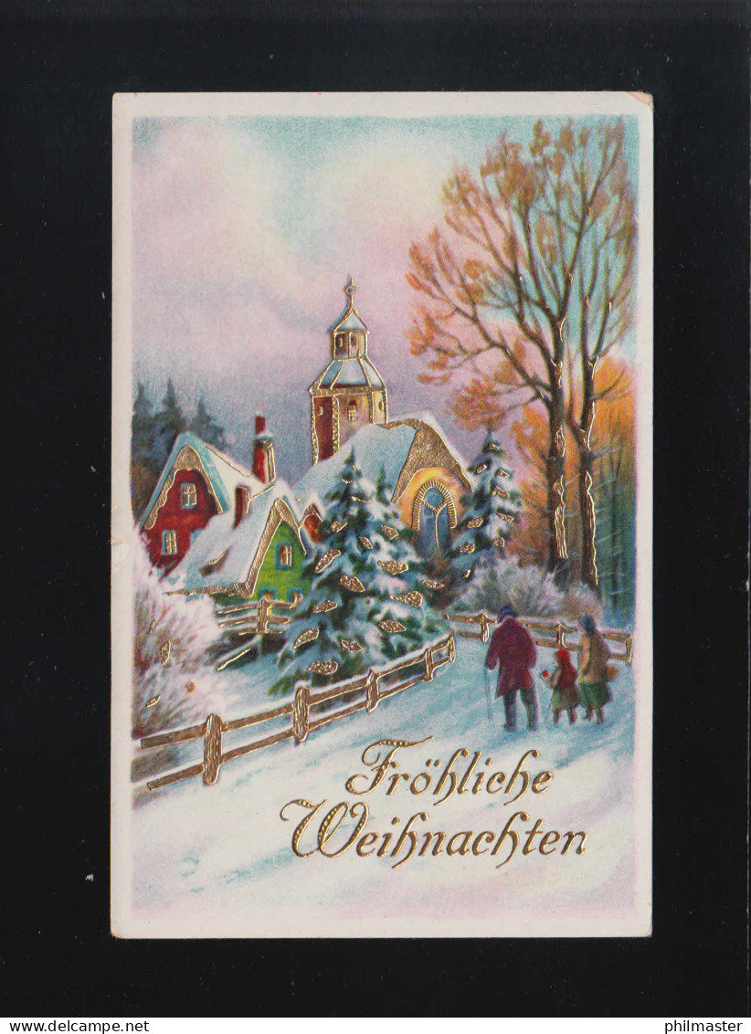 Im Schnee Zur Kirche Ins Dorf, Weihnachten, Goldverzierungen, Ungebraucht - Halt Gegen Das Licht/Durchscheink.