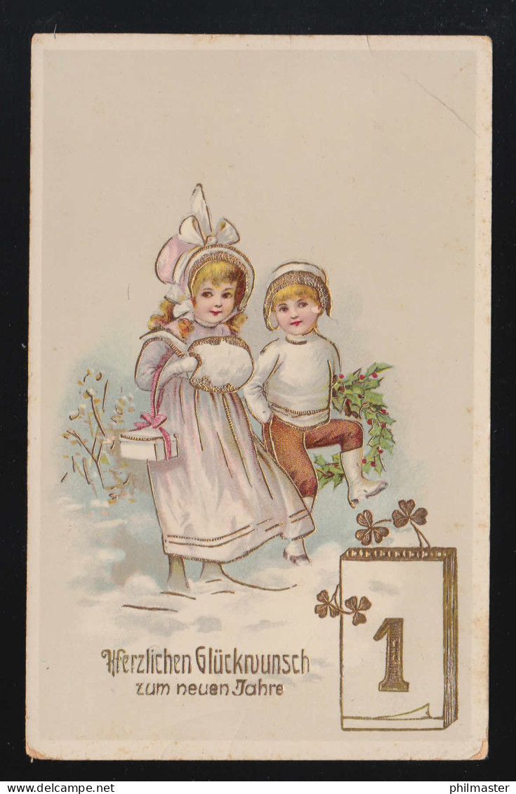 Neujahr, Goldverzierung, Kinder Schnee Klee, Wandsbek 31.12.1918 - Contraluz