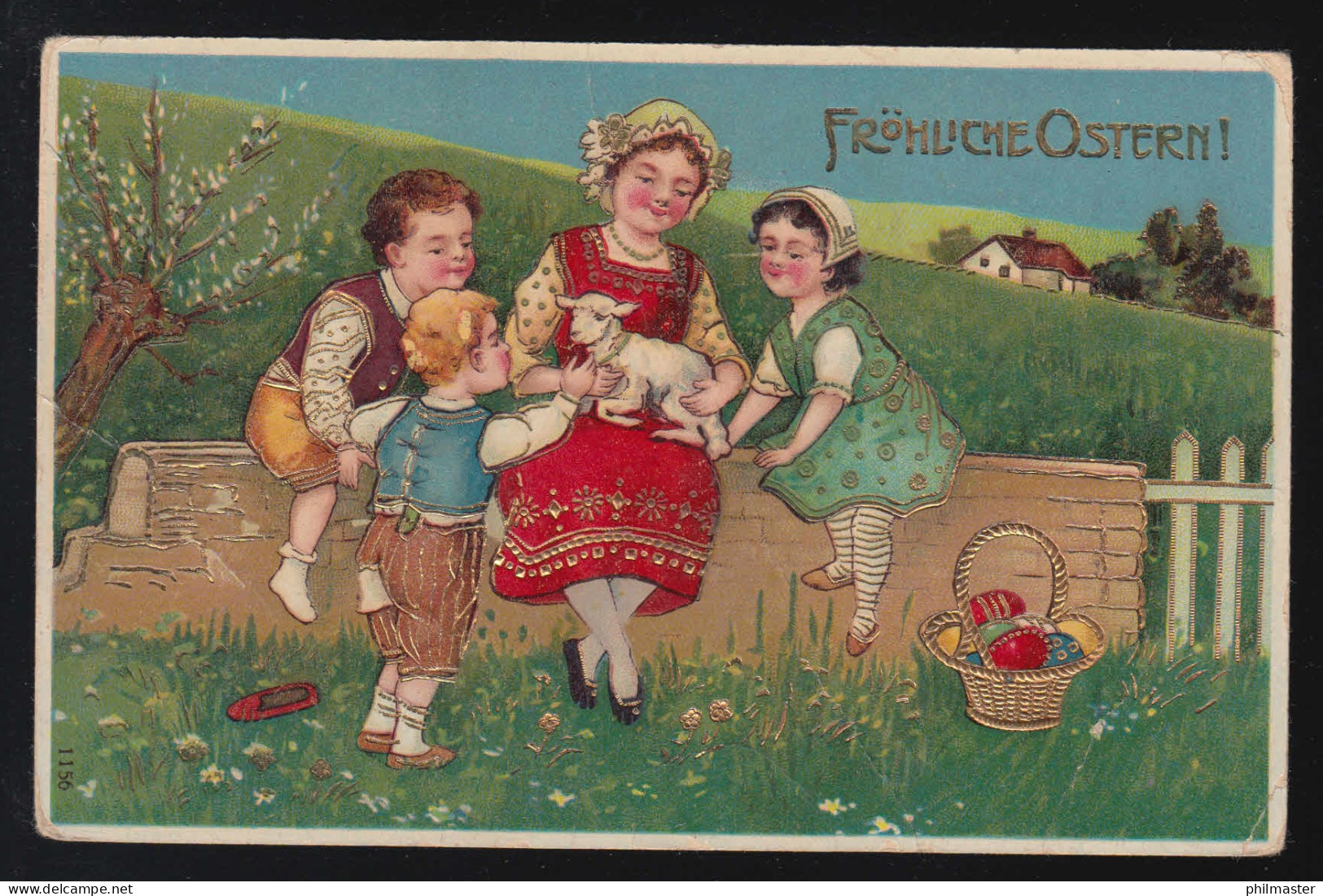 Kinder Sitzen Mit Lämmchen Wiese Ostereier Fröhliche Ostern, Bürgstadt 10.4.1909 - Tegenlichtkaarten, Hold To Light