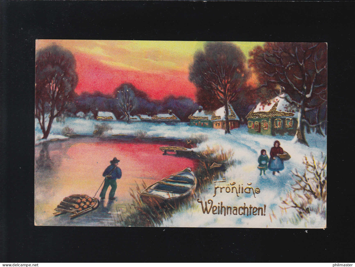 Weihnachten Fluss Dorf Schnee Schlitten Abendrot Goldverzierung Ungebraucht - Tegenlichtkaarten, Hold To Light