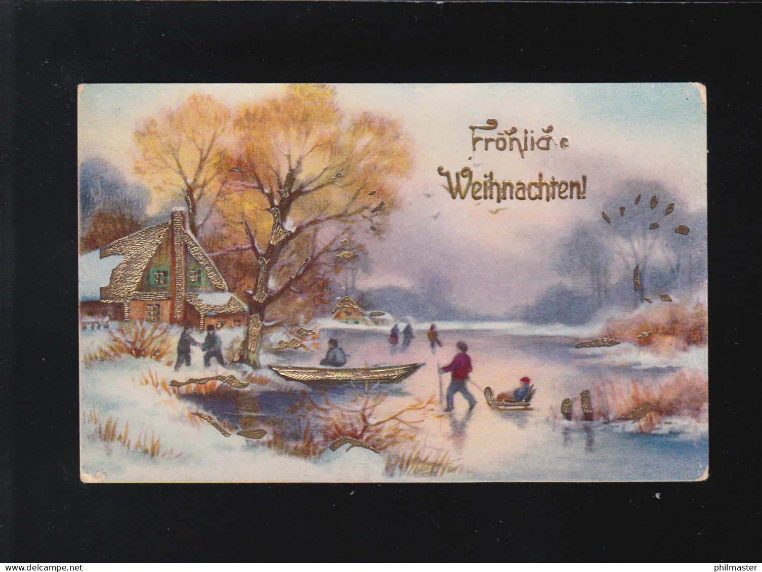 Schlittschuhlaufen Fluss Schlitten Eis Schnee Fröhliche Weihnachten, Ungebraucht - Tegenlichtkaarten, Hold To Light