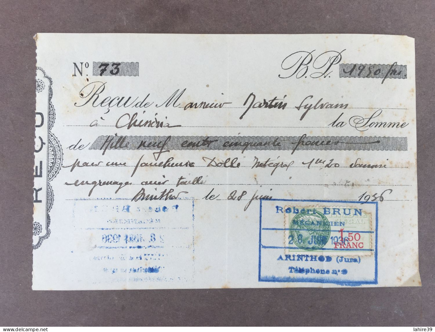 Reçu De Lettre De Change / Robert Brun / Mécanicien / Arinthod / Jura / 1936 - Bills Of Exchange