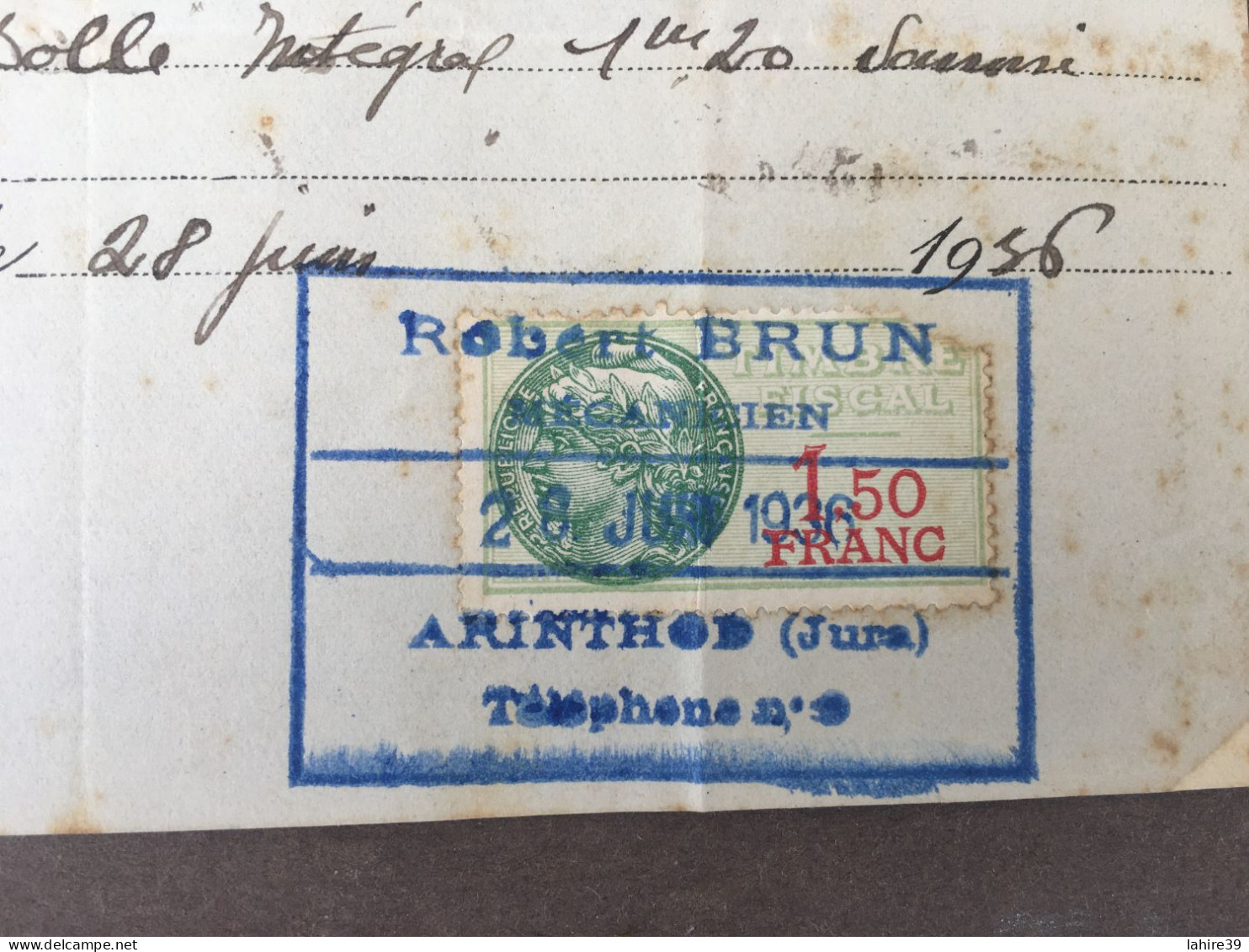 Reçu De Lettre De Change / Robert Brun / Mécanicien / Arinthod / Jura / 1936 - Bills Of Exchange
