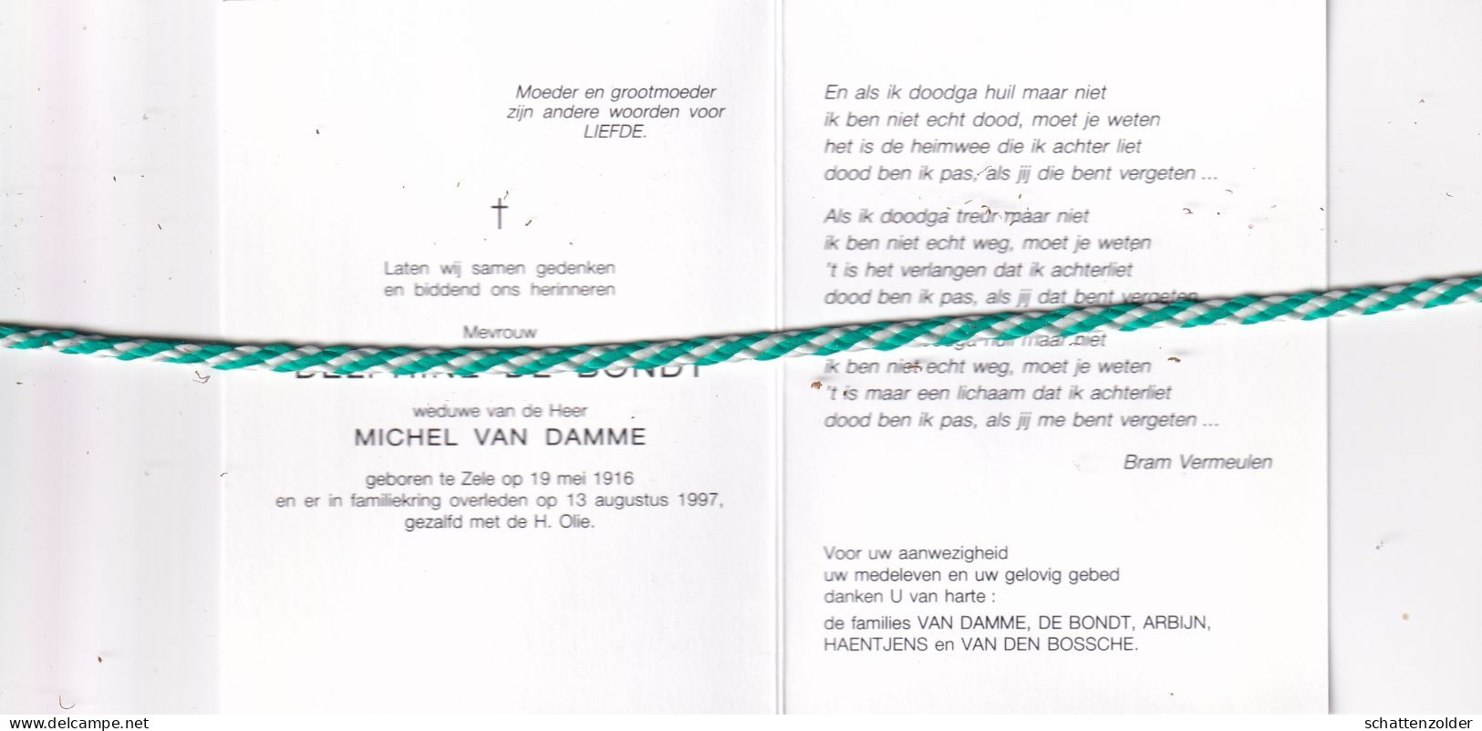 Delphine De Bondt-Van Damme, Zele 1916, 1997. Foto - Obituary Notices