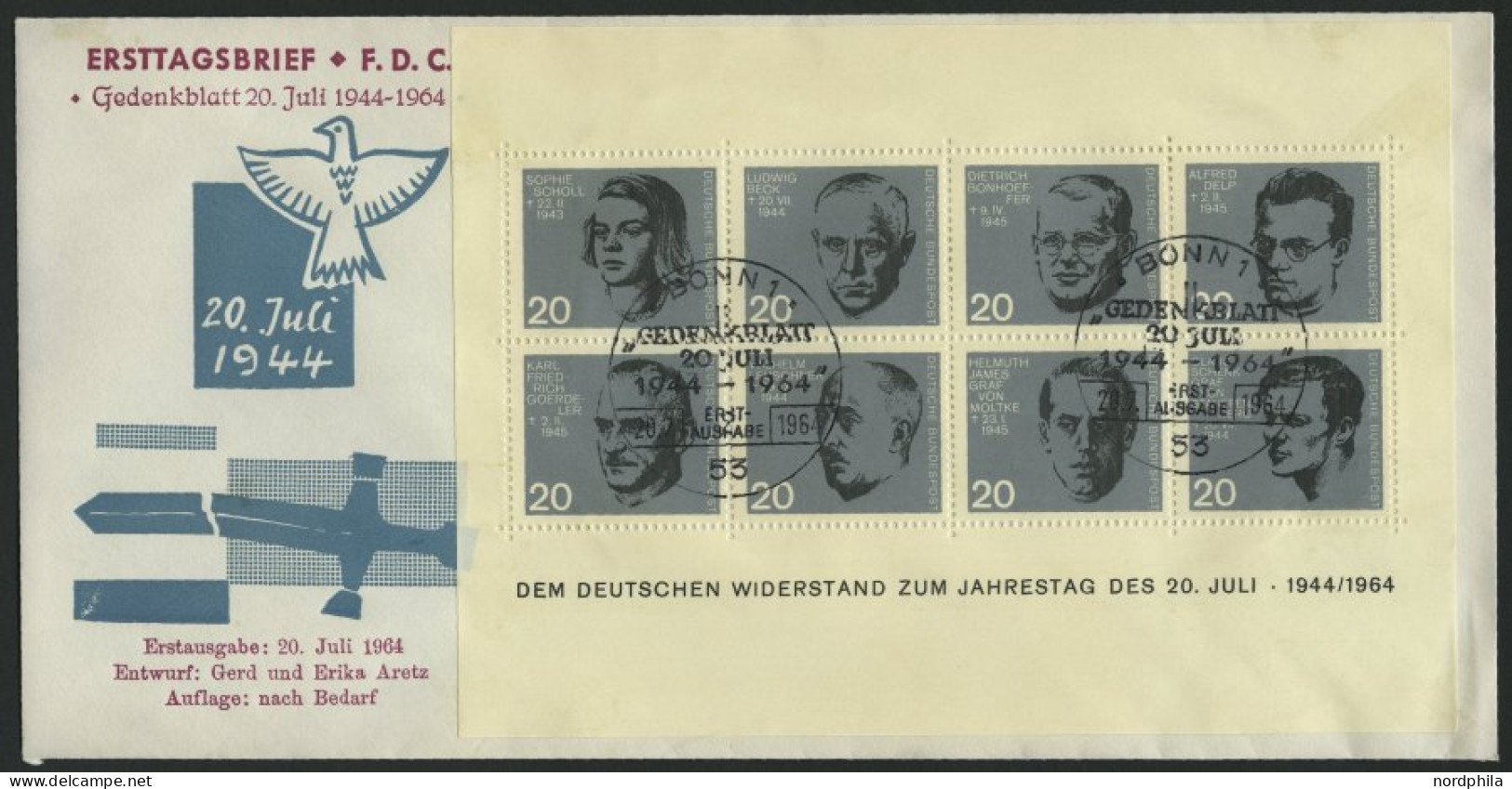 BUNDESREPUBLIK Bl. 3 BRIEF, 1964, Block 20. Juli Auf FDC, Pracht, Mi. 100.- - Cartas & Documentos