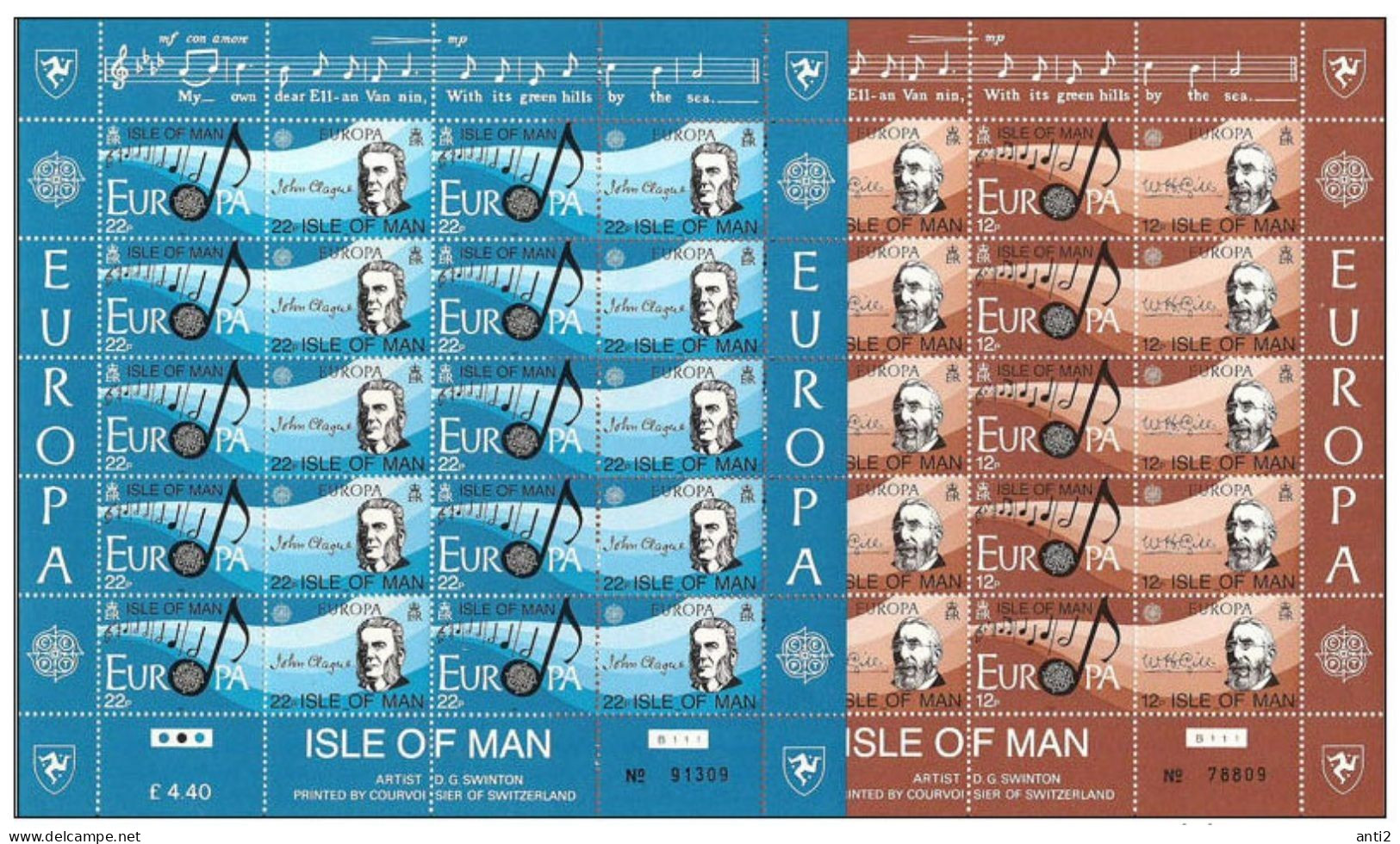 Isle Of Man 1985 Europa Cept: European Year Of Music Full Sheets With Ten Pairs Mi  278-281  MNH(**) - Man (Eiland)