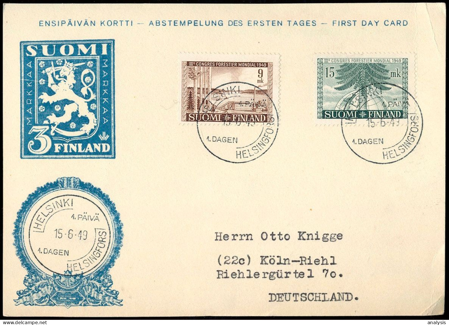 Finland FDC Card 1949. International Forest Congress - Storia Postale