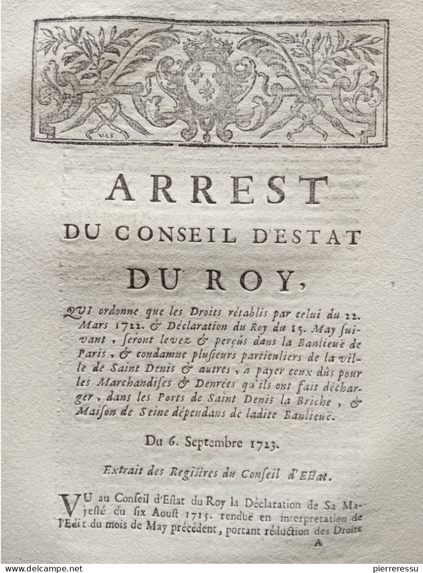 PORT SAINT DENIS CONDANNE PARTICULIERS MARCHANDISES & DENREES ARREST CONSEIL D ETAT DU ROI 1723 - Decretos & Leyes