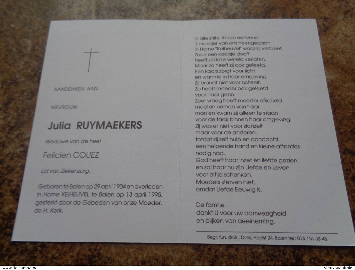Doodsprentje/Bidprentje  Julia RUYMAEKERS   Balen 1904-1995  (Wwe Felicien COUEZ) - Religion & Esotericism