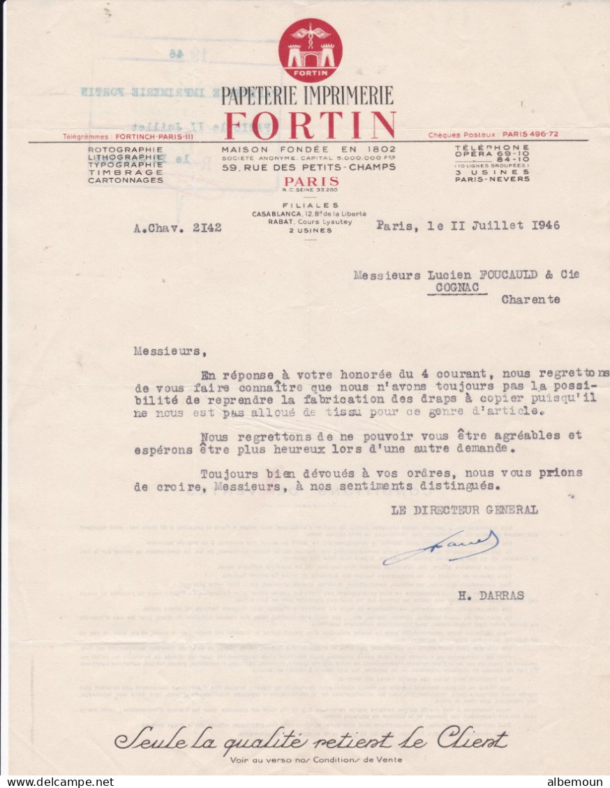 Courrier FORTIN Imprimerie à Paris Pour Foucauld & Cie à Cognac 1946 - 1900 – 1949