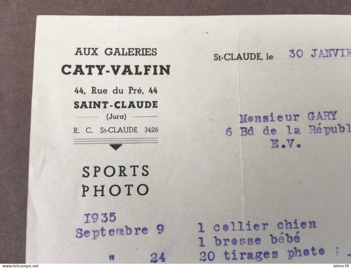 Facture / Aux Galeries Caty-Valfin / Saint Claude / 1935 / Sports Photos - 1900 – 1949