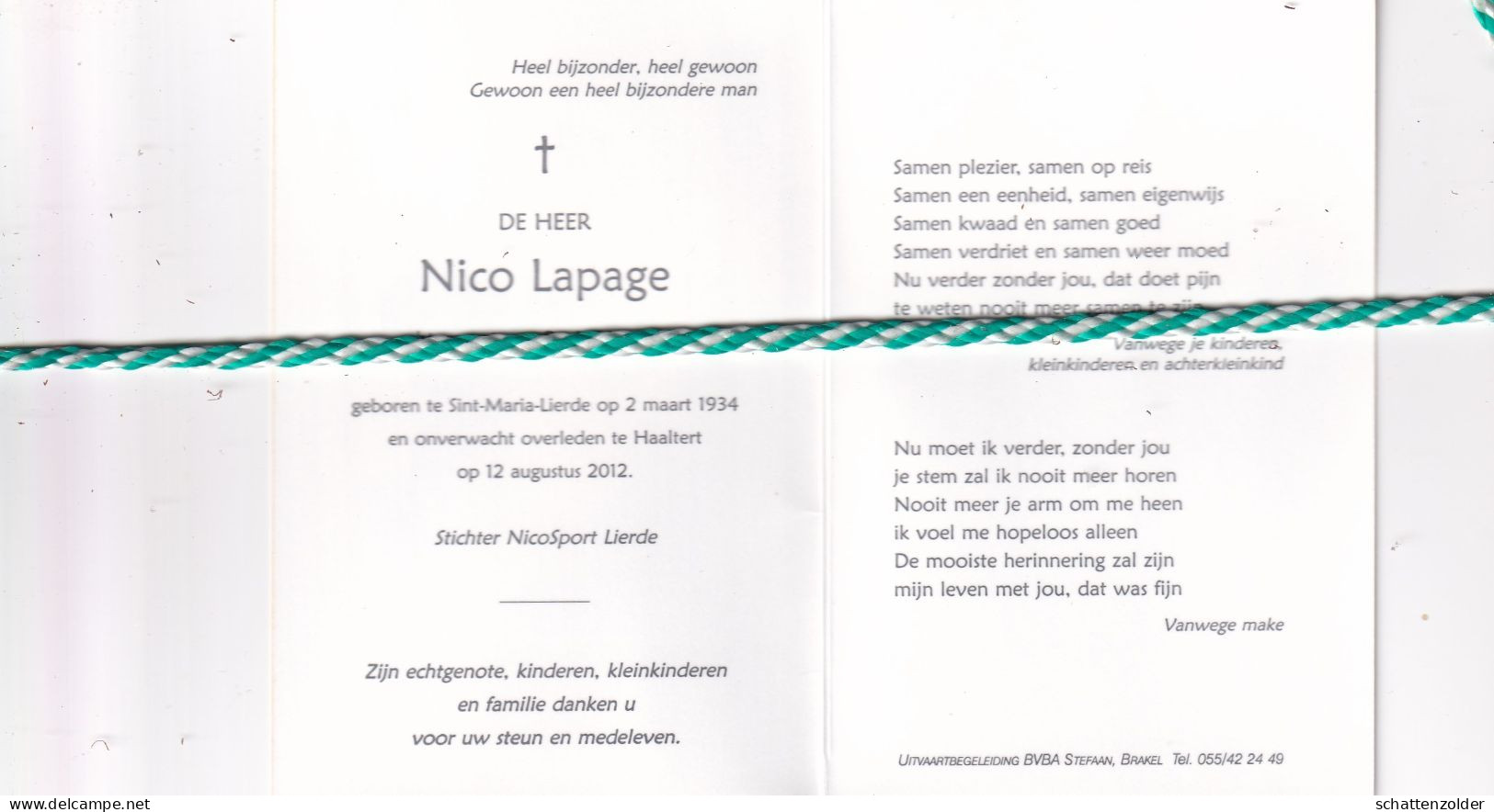 Nico Lapage-Van Lierde, Sint-Maria-Lierde 1934, Haaltert 2012. Stichter NicoSport Lierde; Gewezen Wielrenner. Foto - Obituary Notices