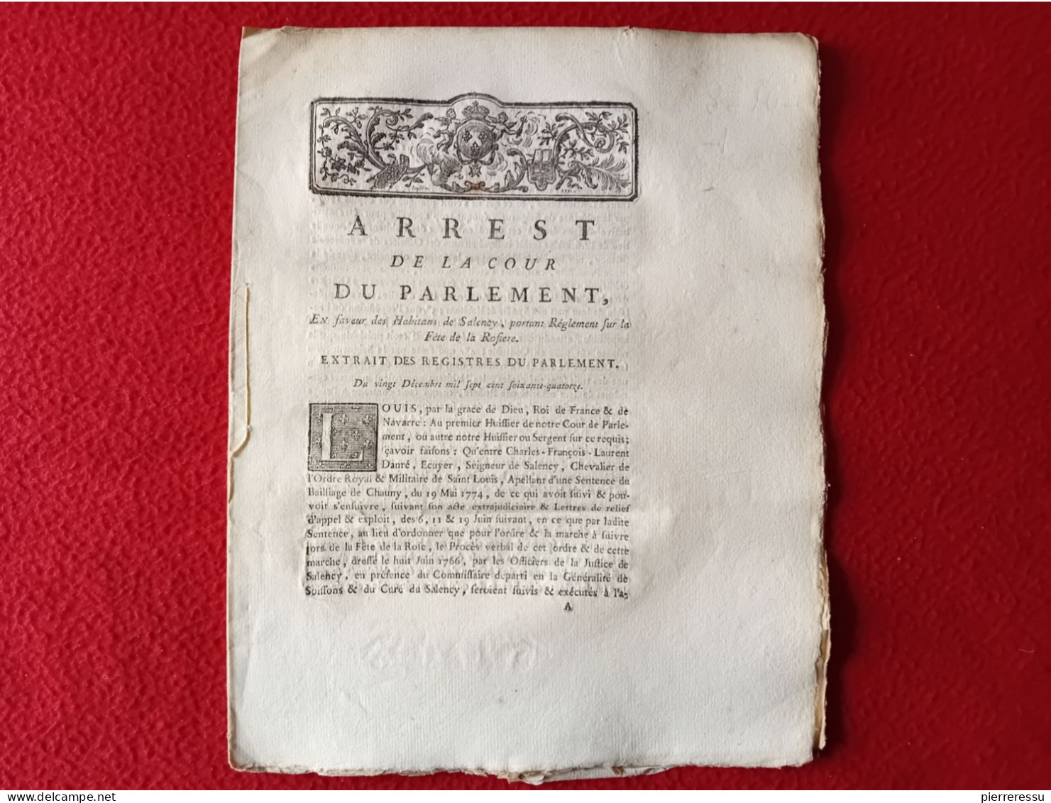 SALENCY FETE DE LA ROSIERE MARCHE A SUIVRE 1774 ARREST DE LA COUR DU PARLEMENT - Decretos & Leyes