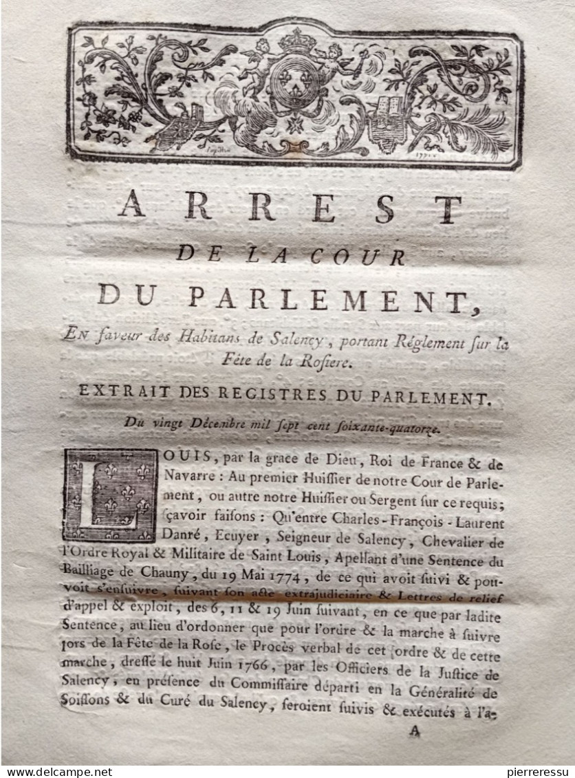 SALENCY FETE DE LA ROSIERE MARCHE A SUIVRE 1774 ARREST DE LA COUR DU PARLEMENT - Décrets & Lois