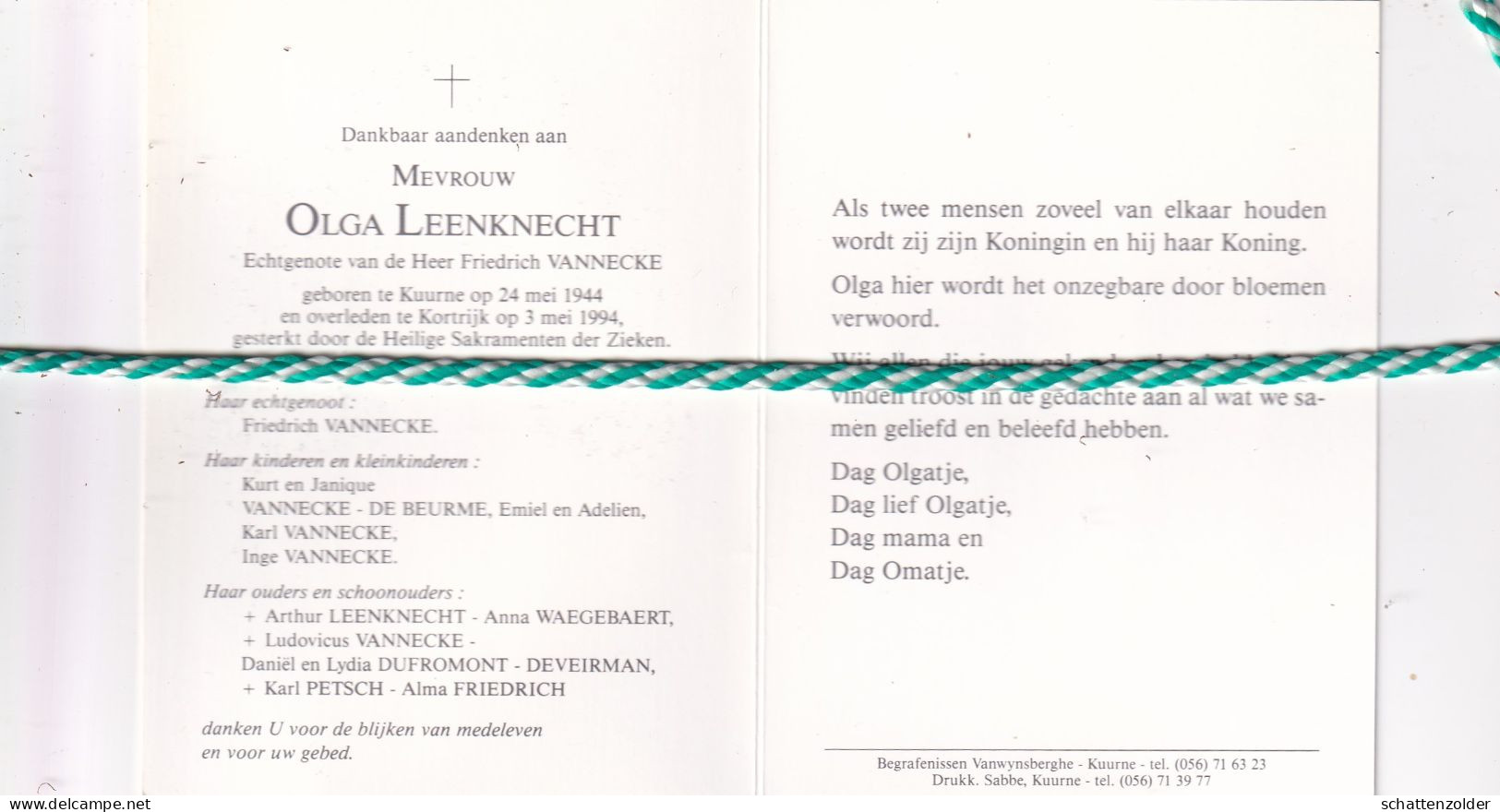 Olga Leenknecht-Vannecke, Kuurne 1944, Kortrijk 1994. Foto - Obituary Notices