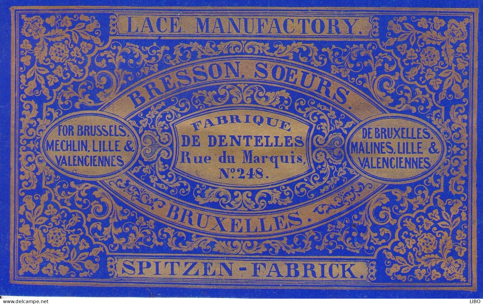 Fabrique De Dentelles SPITZEN-FABRICK BRESSON Soeurs Bruxelles Rue Du Marquis BRUXELLES LILLE VALENCIENNES C. 1860 - Tarjetas De Visita