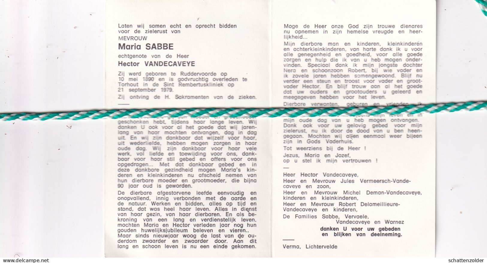 Maria Sabbe-Vandecaveye, Ruddervoorde 1890, Torhout 1979 - Obituary Notices