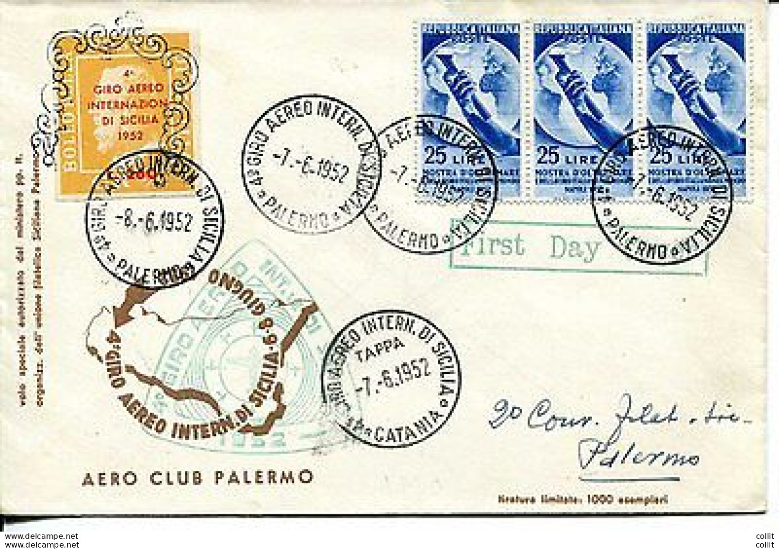 4° Giro Aereo Di Sicilia - Aerogramma Da Palermo Il 7.6.52 - Airmail