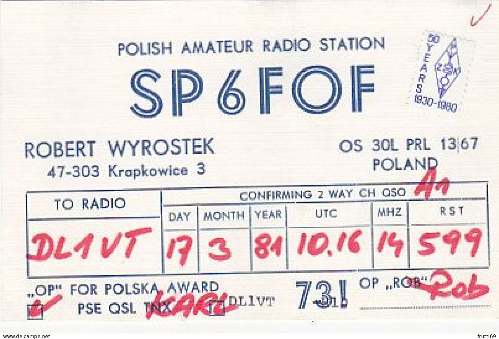 AK 210686 QSL - Poland - Krapkovice - Amateurfunk