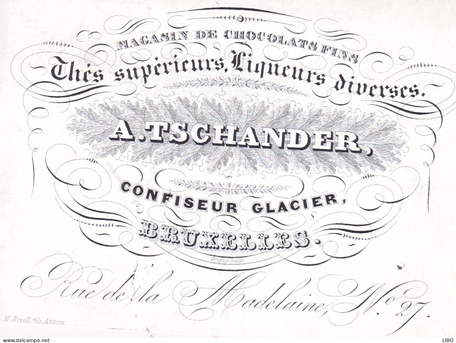 CONFISEUR GLACIER CHOCOLATS FINS A. TSCHANDER Bruxelles Rue De La Madeleine N°27 Carte De Visite Porcelaine C. 1860 - Visitekaartjes