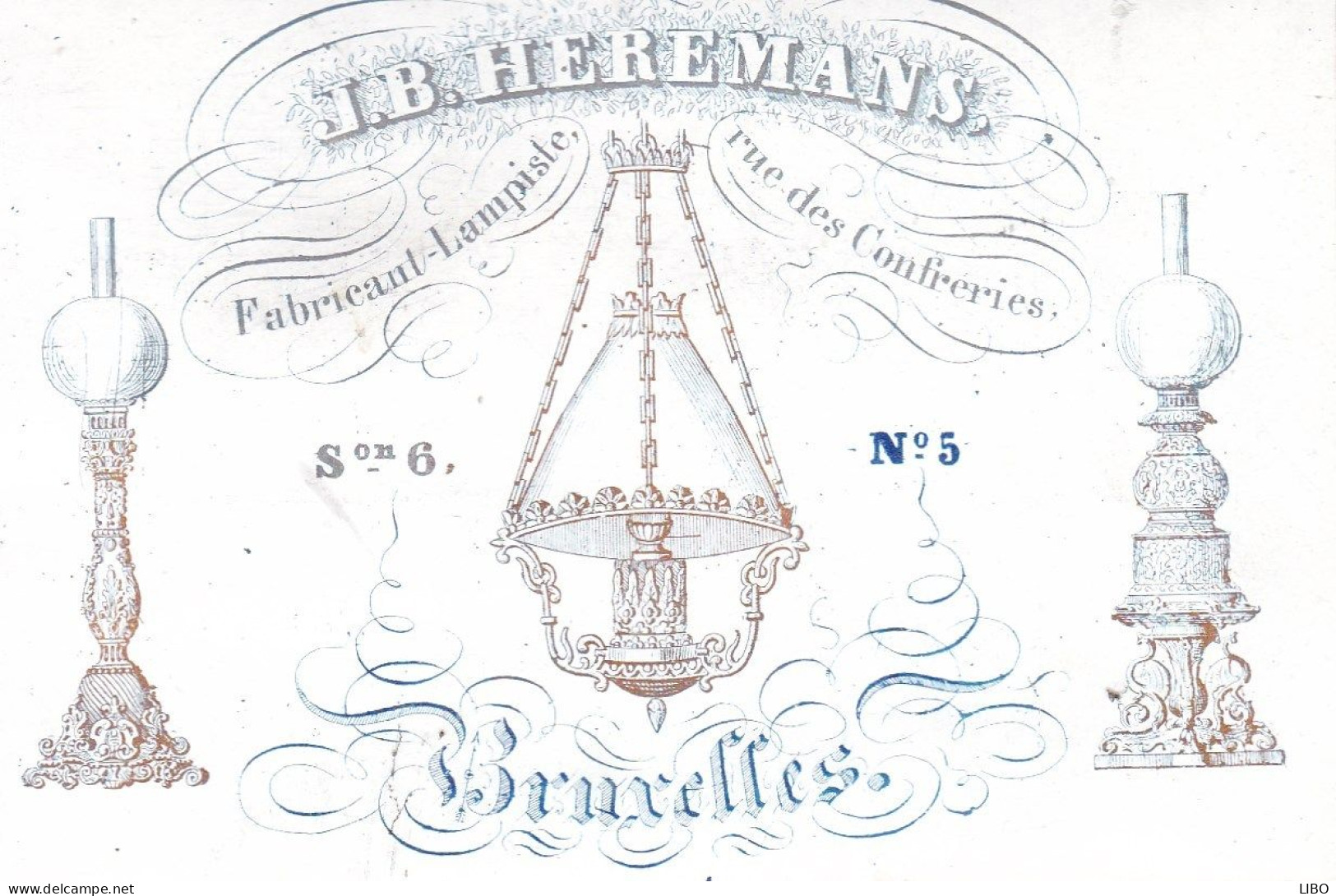 FABRICANT LAMPISTE HEREMANS J.B. Rue Des Confrèries Bruxelles Carte Visite Porcelaine C. 1860 Format Carte Postale - Visitekaartjes