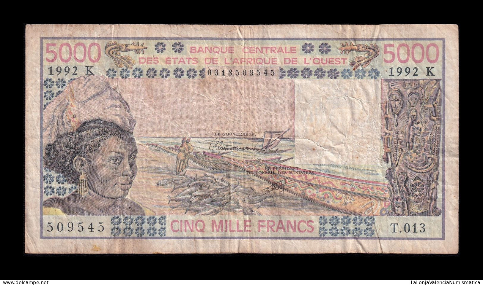 West African St. Senegal 5000 Francs 1992 Pick 708Kq Bc/Mbc F/Vf - West-Afrikaanse Staten