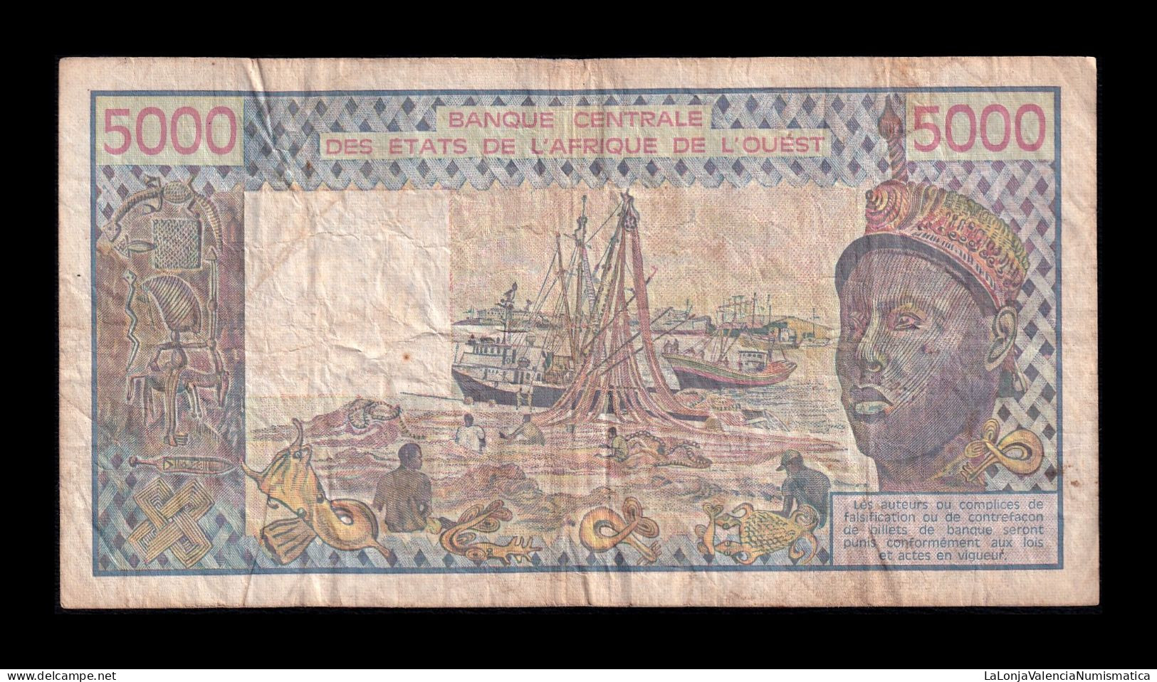 West African St. Senegal 5000 Francs 1992 Pick 708Kq Bc/Mbc F/Vf - West-Afrikaanse Staten