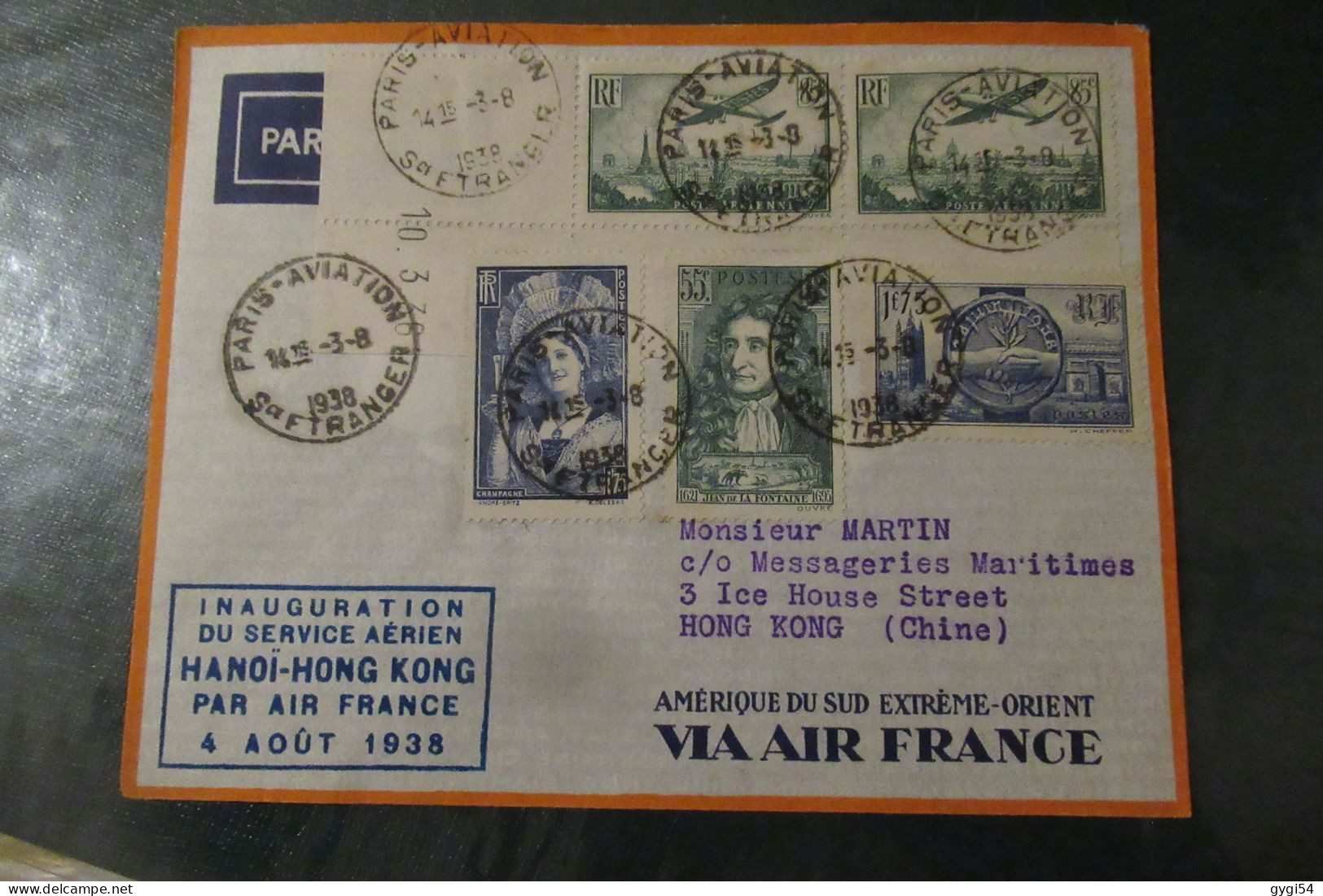 FRANCE LETTRE  Inauguration Service Aérien Hanoï Hong Kong Air France 4 8 1938 - First Flight Covers