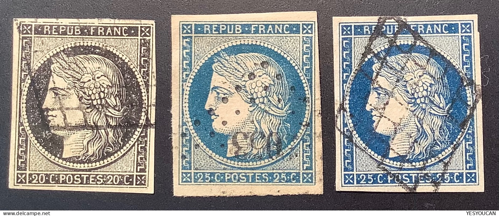 France #3a-4-4a TTB-SUP Sur 20c Noir S.blanc+25c Bleu+25c Bleu Foncé Cérès De 1849-1850 (Frankreich Classique - 1849-1850 Ceres