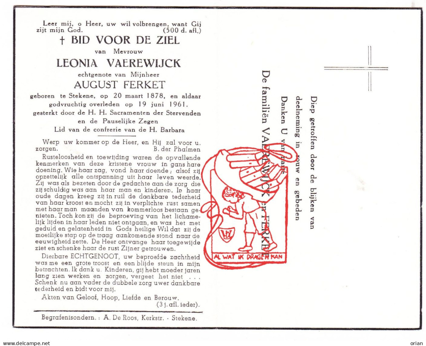 DP Leonia Vaerewijck ° Stekene 1878 † 1961 X August Ferket - Devotion Images