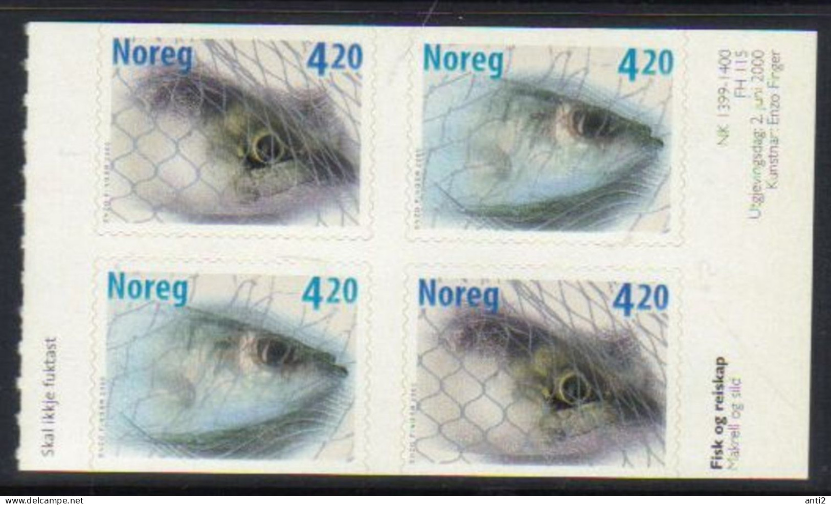 Norway Norge 2000 Fishing: Mackerel, Herring Mi 1355-1356 In Bloc Of Four MNH(**) - Storia Postale