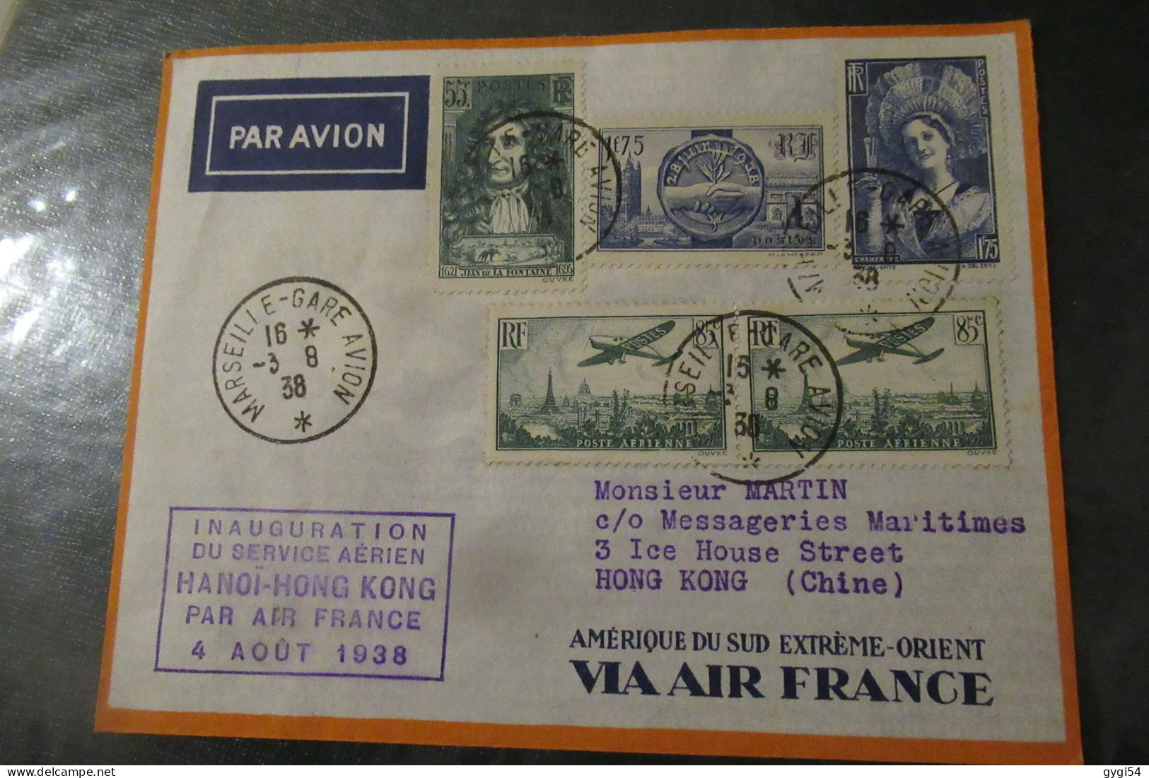 FRANCE LETTRE  Inauguration Service Aérien Hanoï Hong Kong Air France 4 8 1938 - Erst- U. Sonderflugbriefe