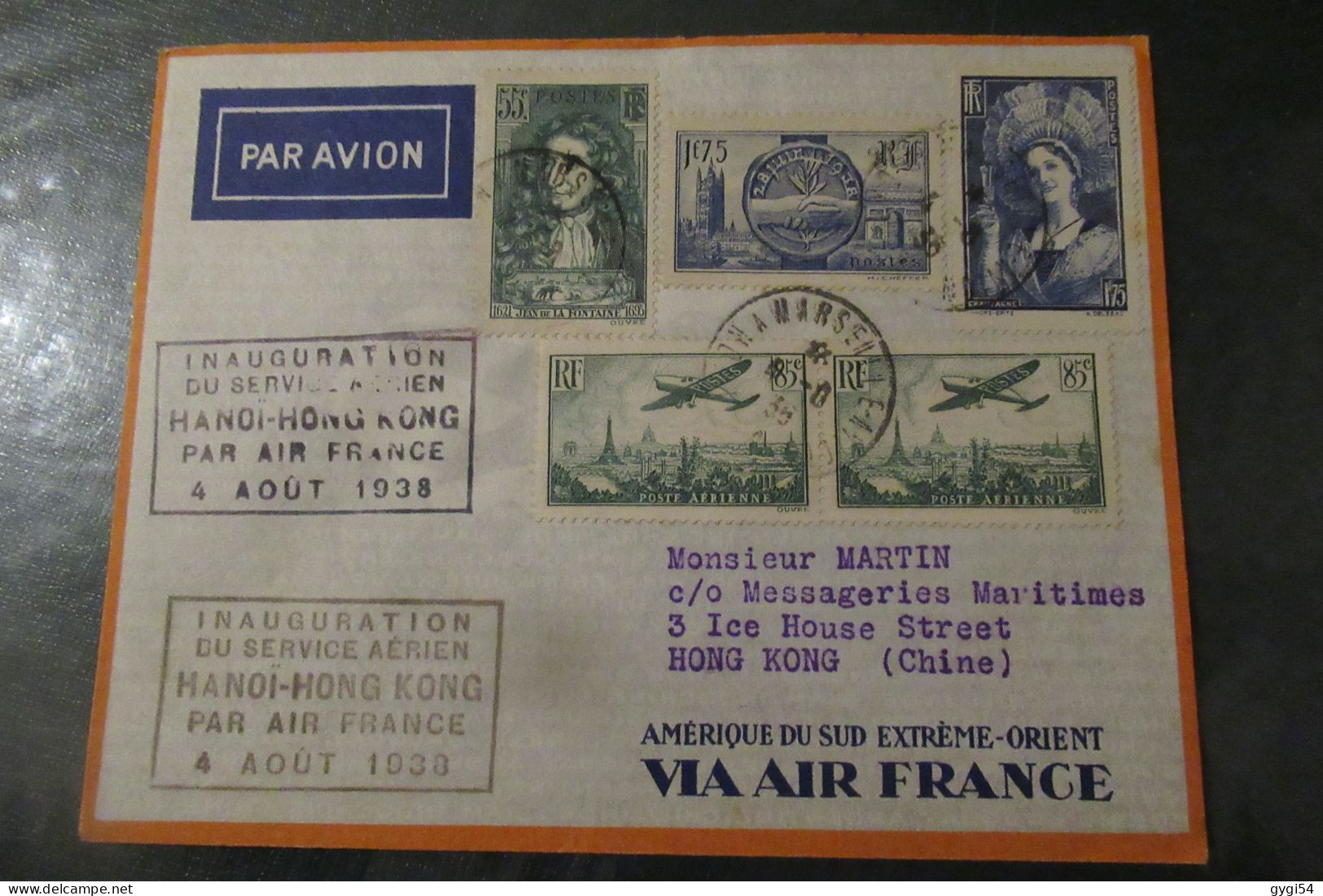 FRANCE LETTRE  Inauguration Service Aérien Hanoï Hong Kong Air France 4 8 1938 - Premiers Vols